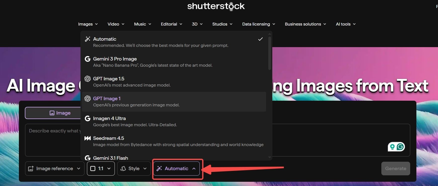 Shutterstock AI image generator interface showing model selection dropdown with Automatic option highlighted