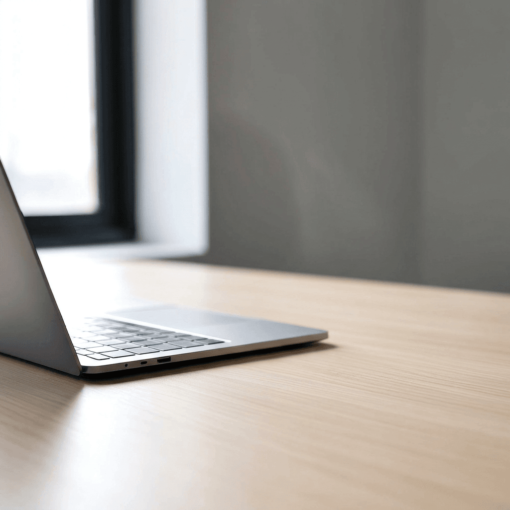 A partial view of a silver laptop resting on an empty light wooden desk by a window