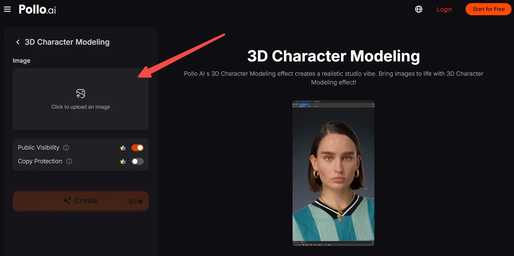 User interface for 3D character modeling with an image upload option.