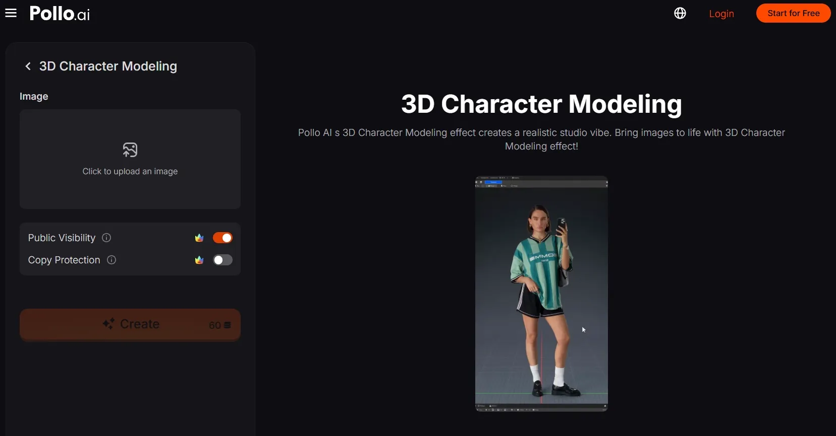 A user interface for 3D character modeling with a preview of a character.
