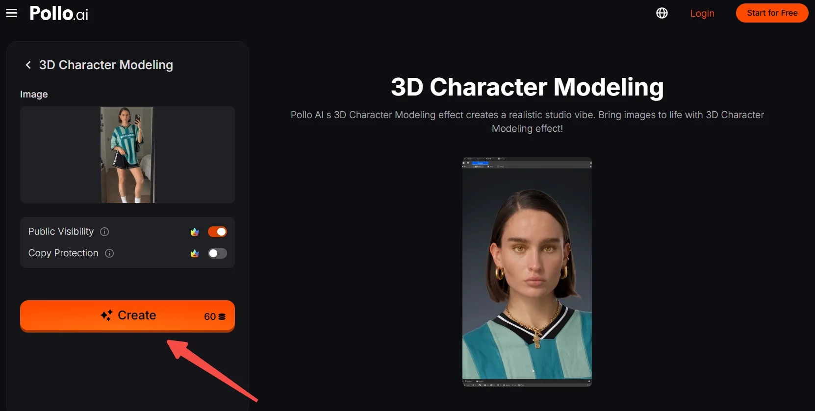 A user interface for 3D character modeling with a model displayed.