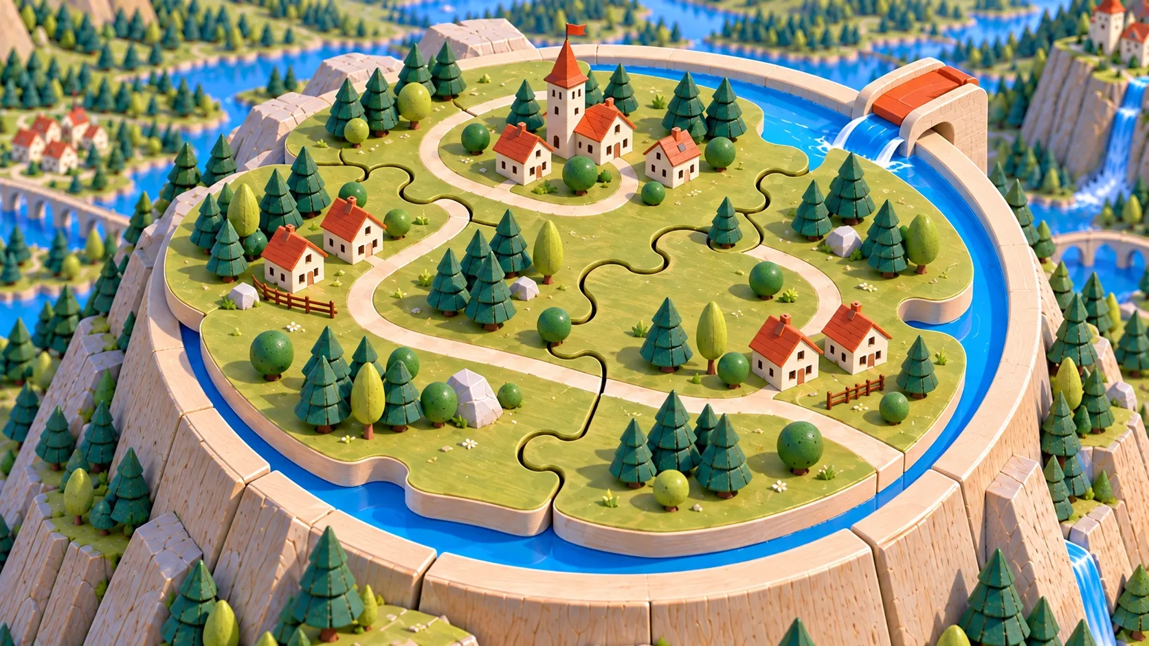 Eine 3D-Puzzle-Landschaft mit Häusern und Bäumen auf einem Hügel.