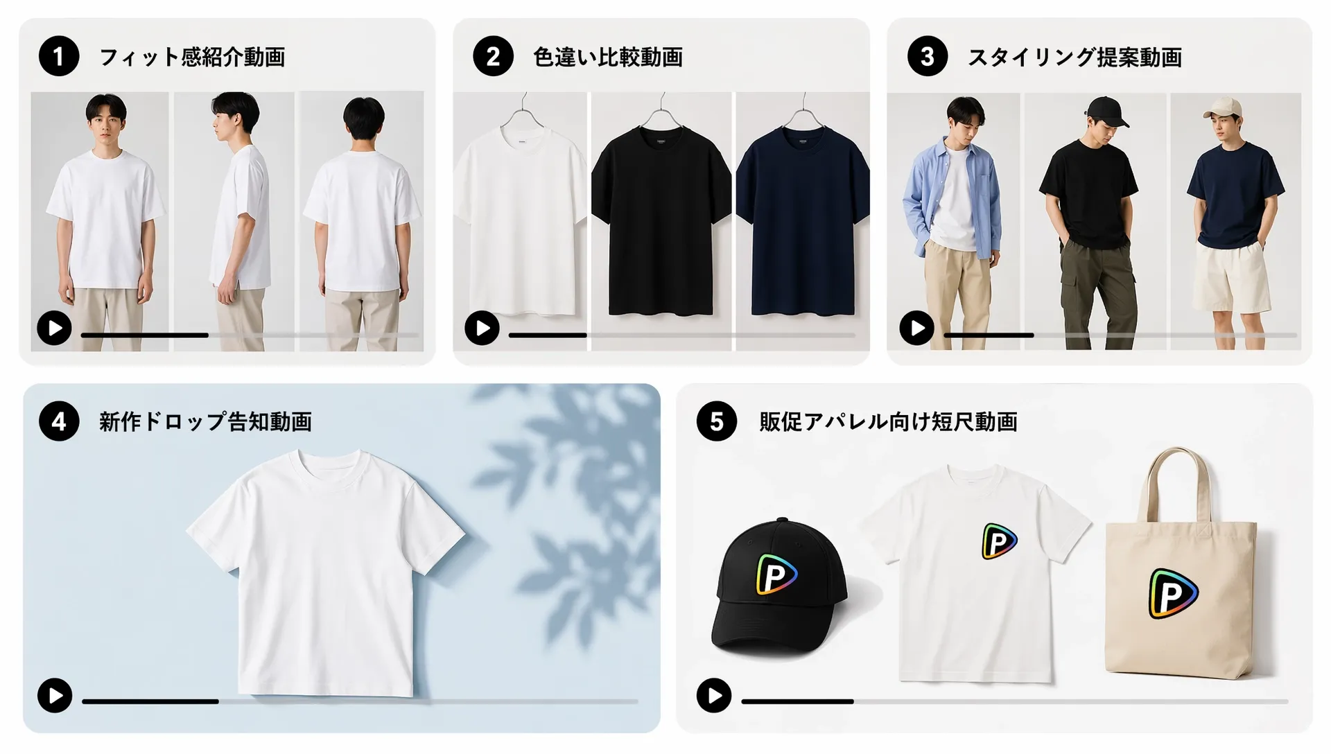 アパレル商品を紹介する5つの動画サムネイル