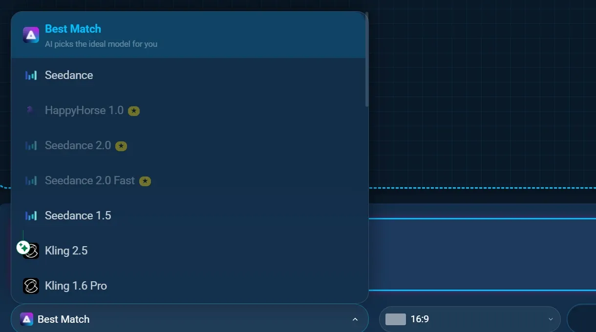 AI video model selection dropdown menu showing Seedance and Kling model options