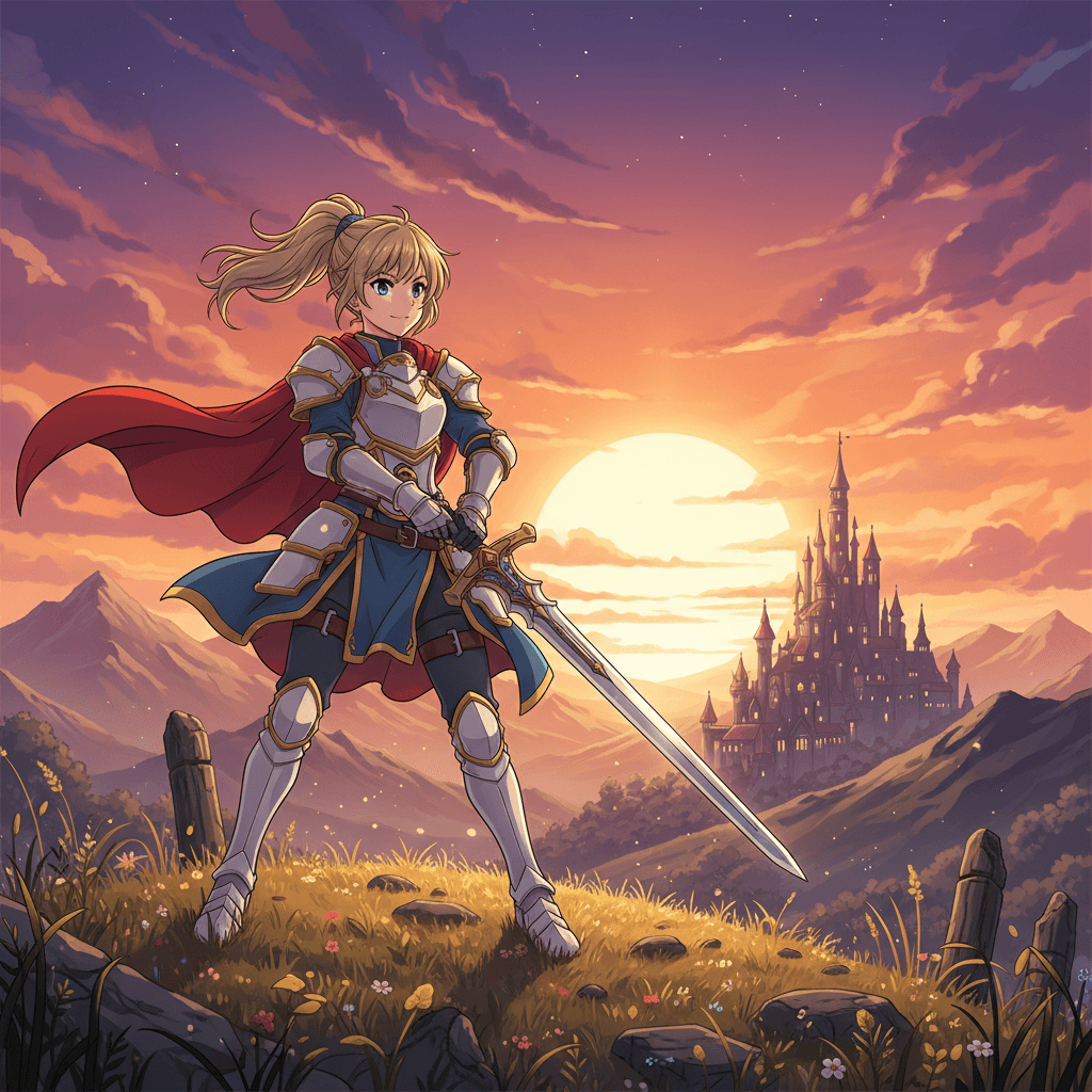 Caballero de anime, vista de castillo al atardecer