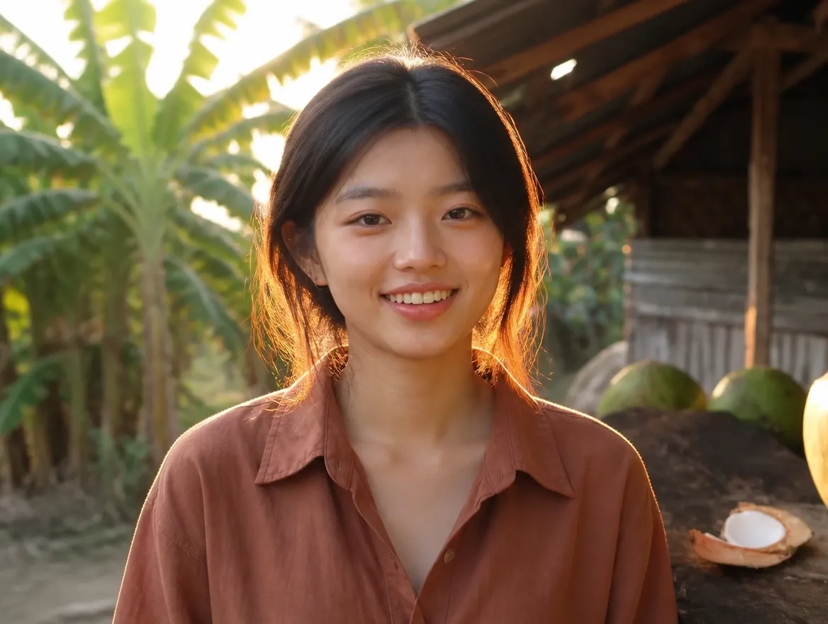 根据这张图片里的女人形象,生成一张她正面生活照,形象,发型,脸部,肤色等等都要一样.webp