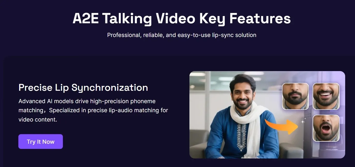 A2E Talking Video feature page showing high-precision lip-sync AI technology for accurate audio-video lip matching