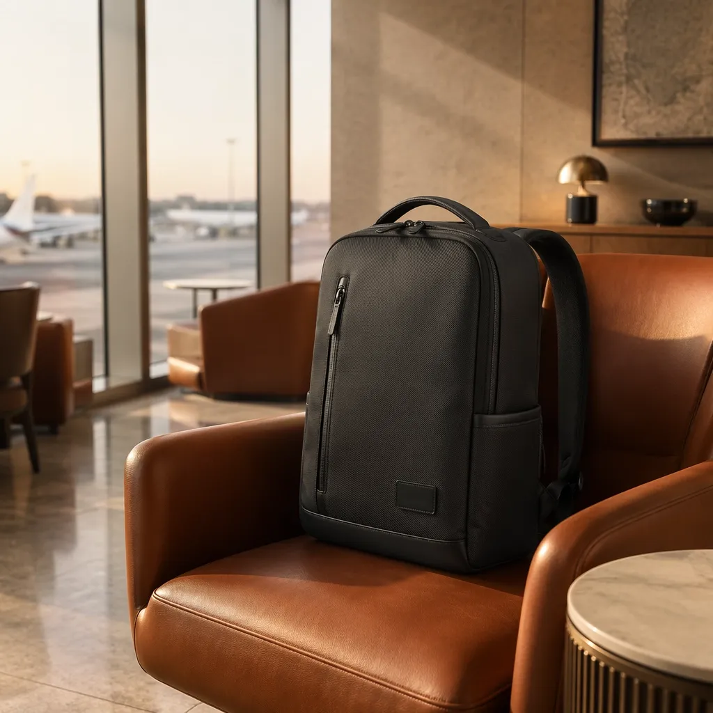 A black backpack rests on a brown leather chair in a modern lounge.
