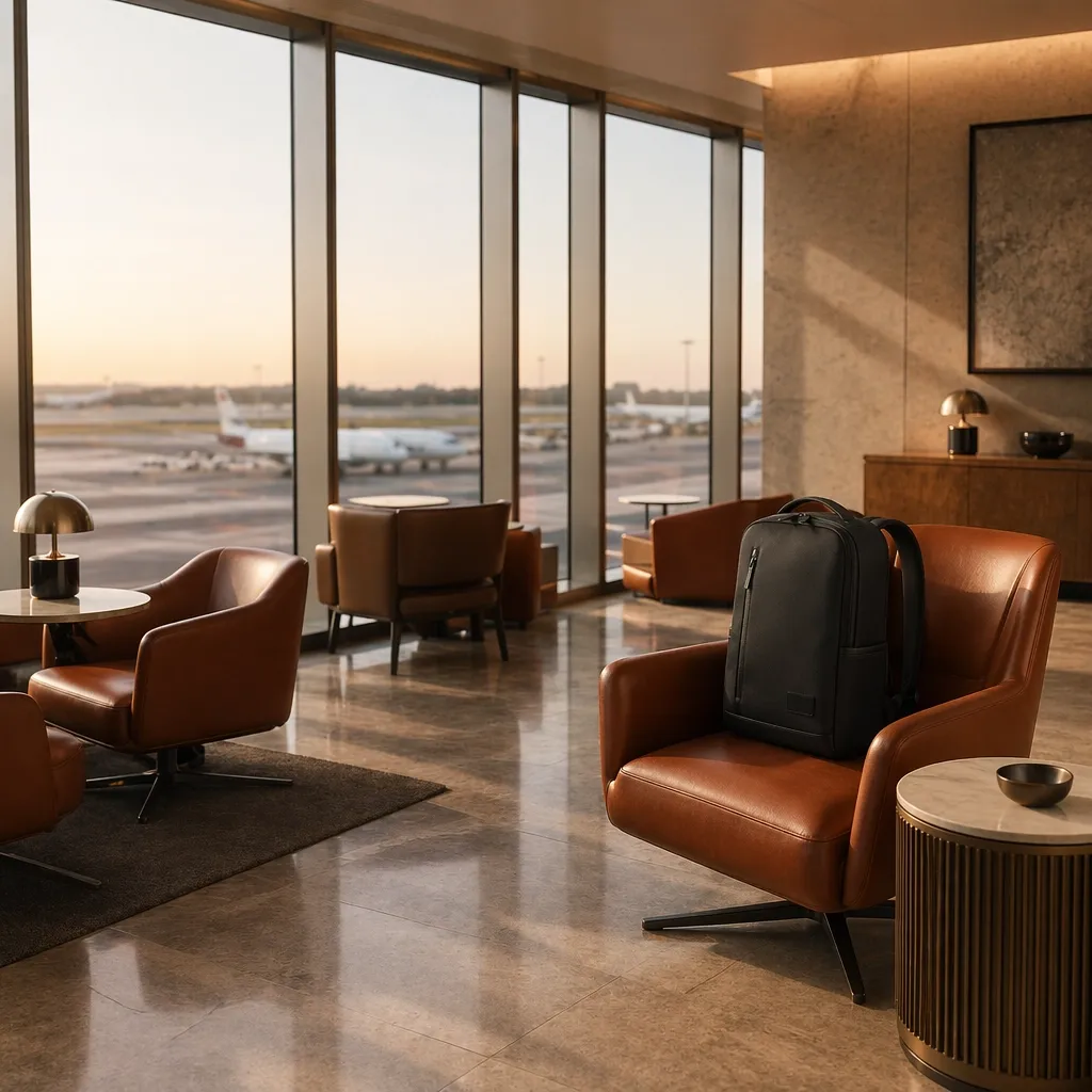 A black backpack rests on a chair in a stylish airport lounge.