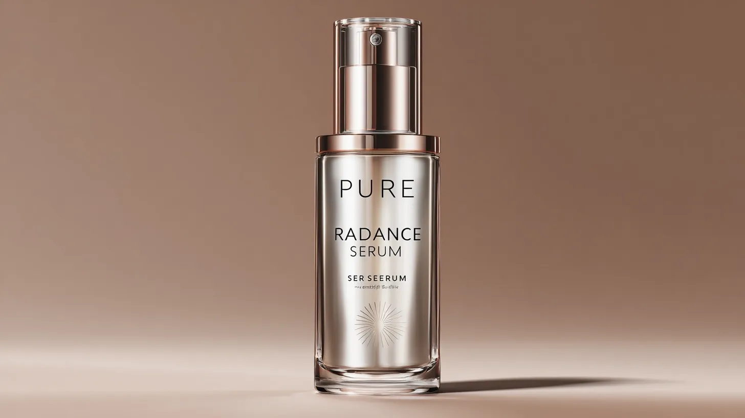 A bottle of Pure Radiance Serum with a sleek design on a neutral background.
