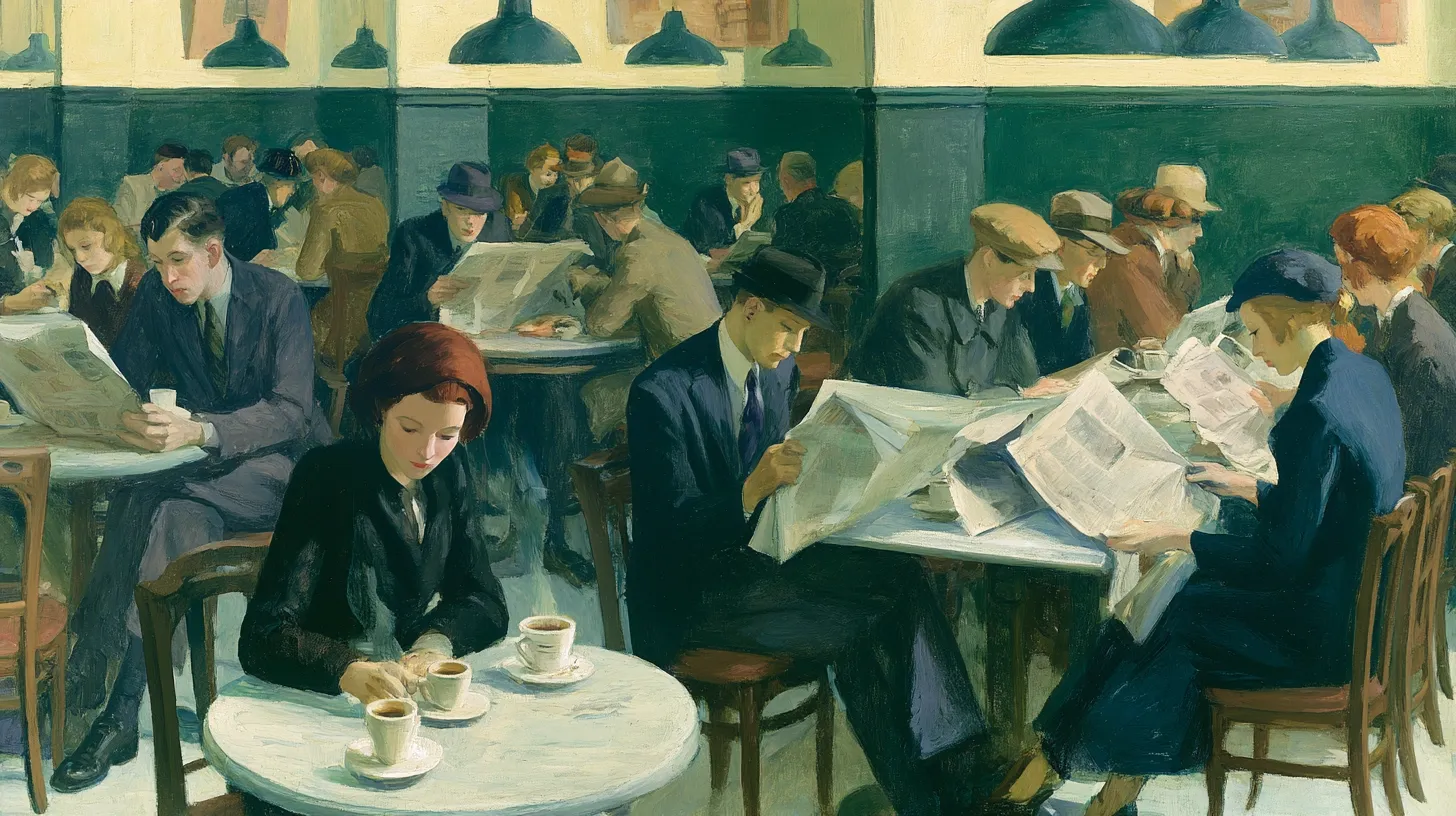 A busy café with people reading newspapers and enjoying coffee.