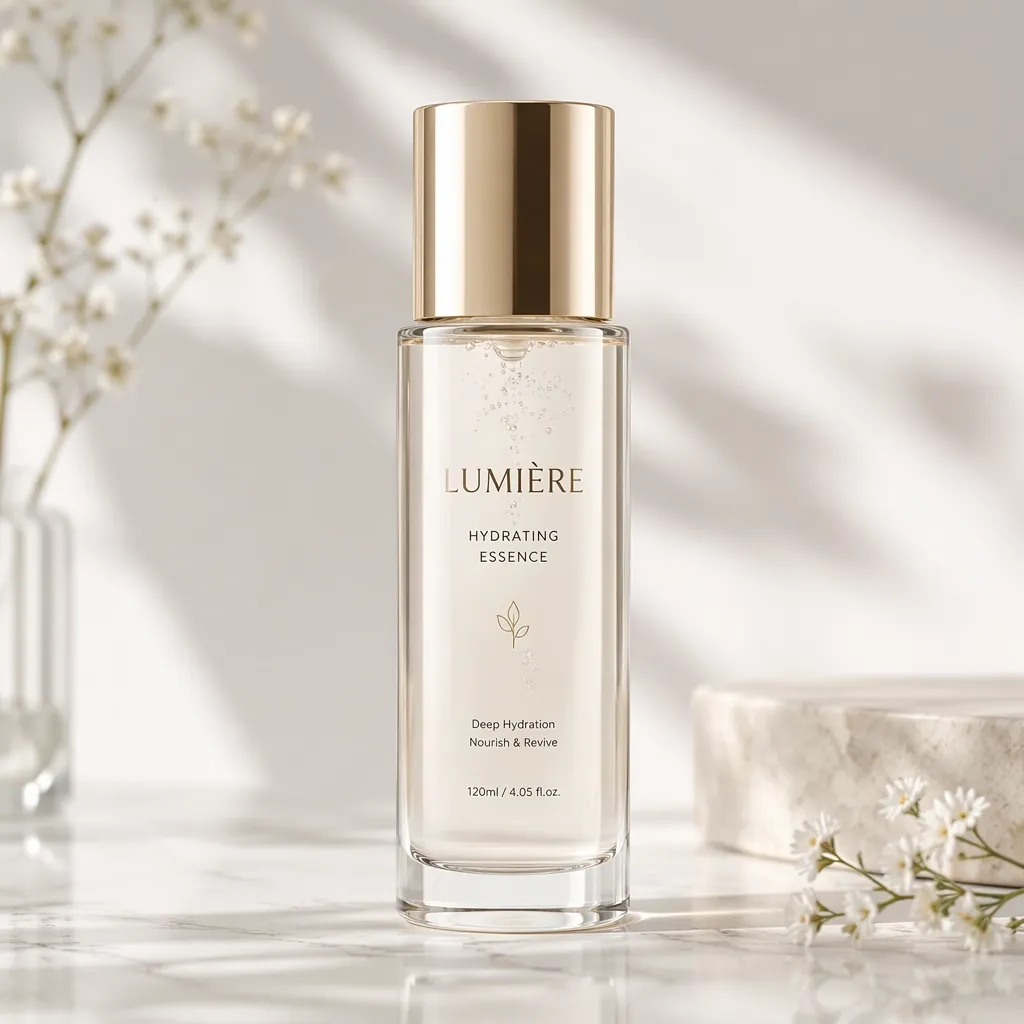 A clear bottle of Lumière Hydrating Essence on a marble surface.