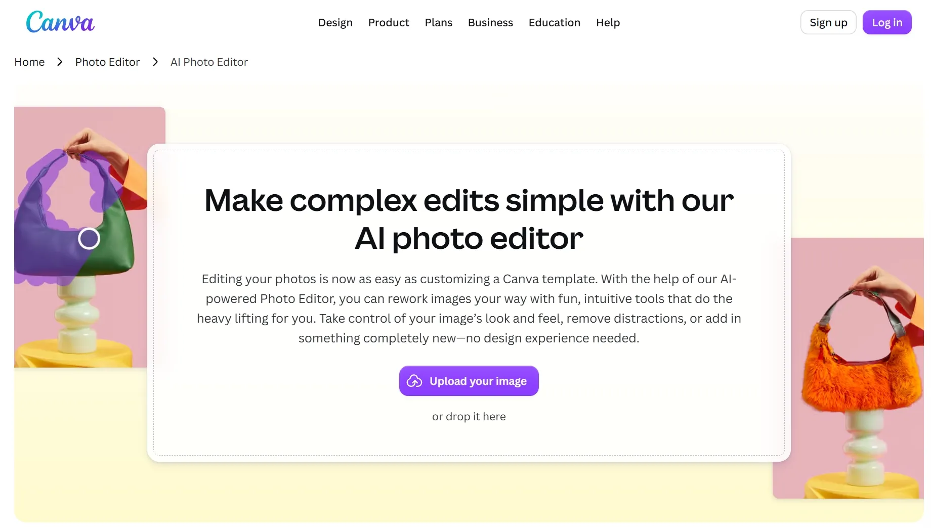 Une interface colorée d'éditeur photo IA présentant les fonctionnalités d'édition.