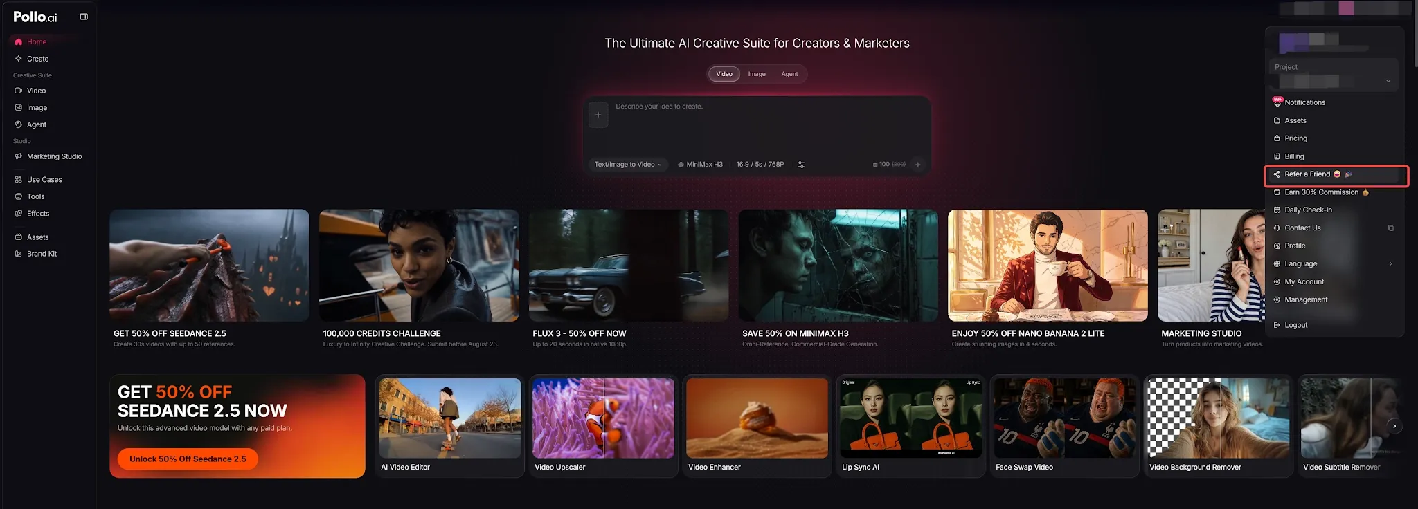 A digital interface showcasing creative tools and offers for marketers.