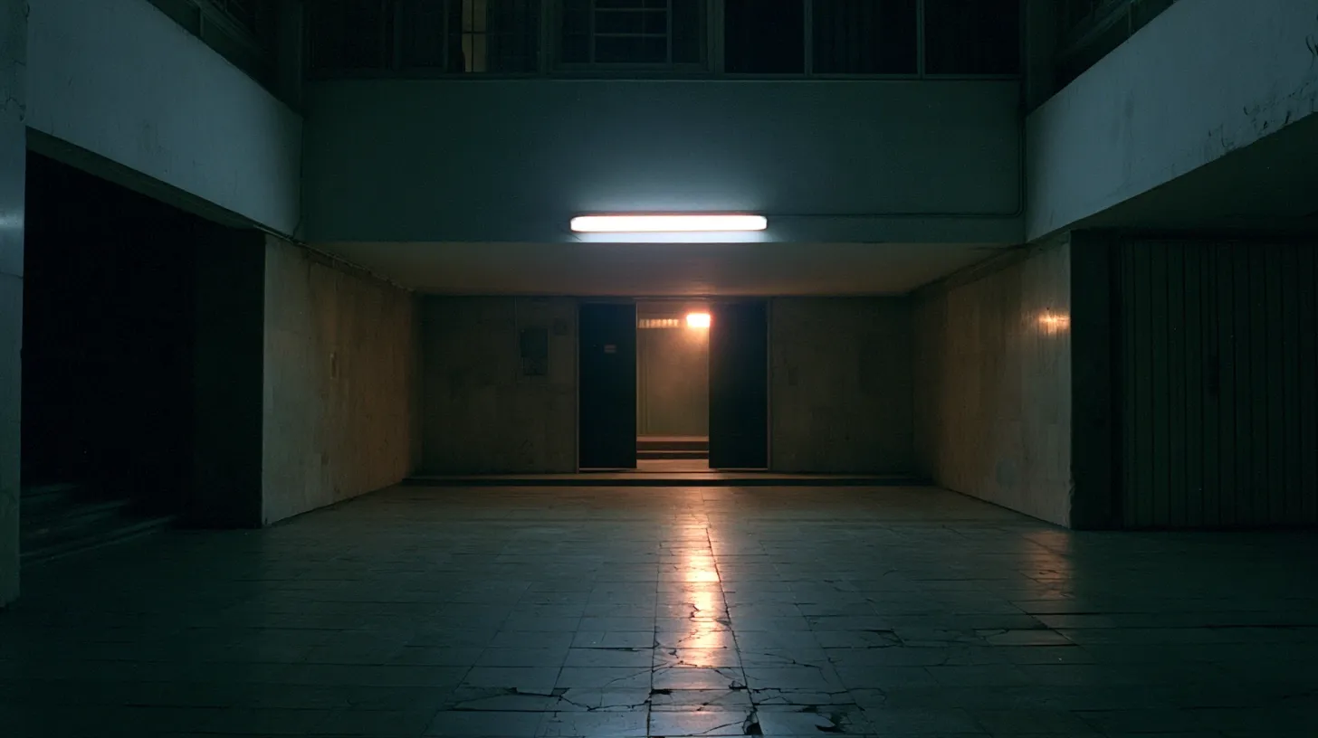 A dimly lit hallway featuring two doors and a glowing ceiling light.