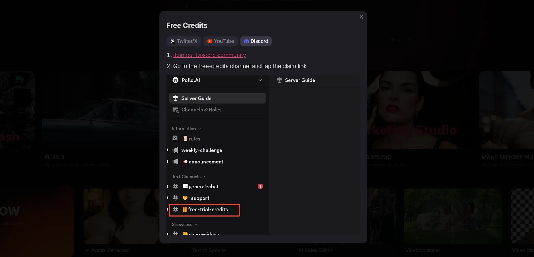 A Discord interface showing the free credits channel and server guide.