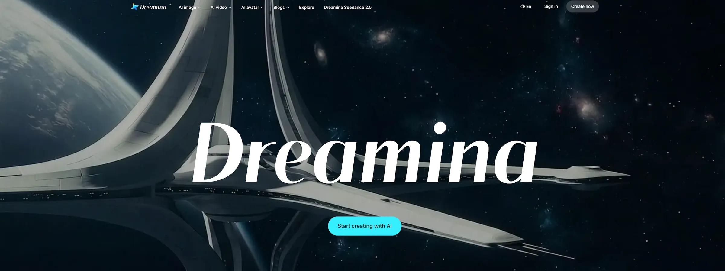 A futuristic website design featuring the word 'Dreamina' and a space background.