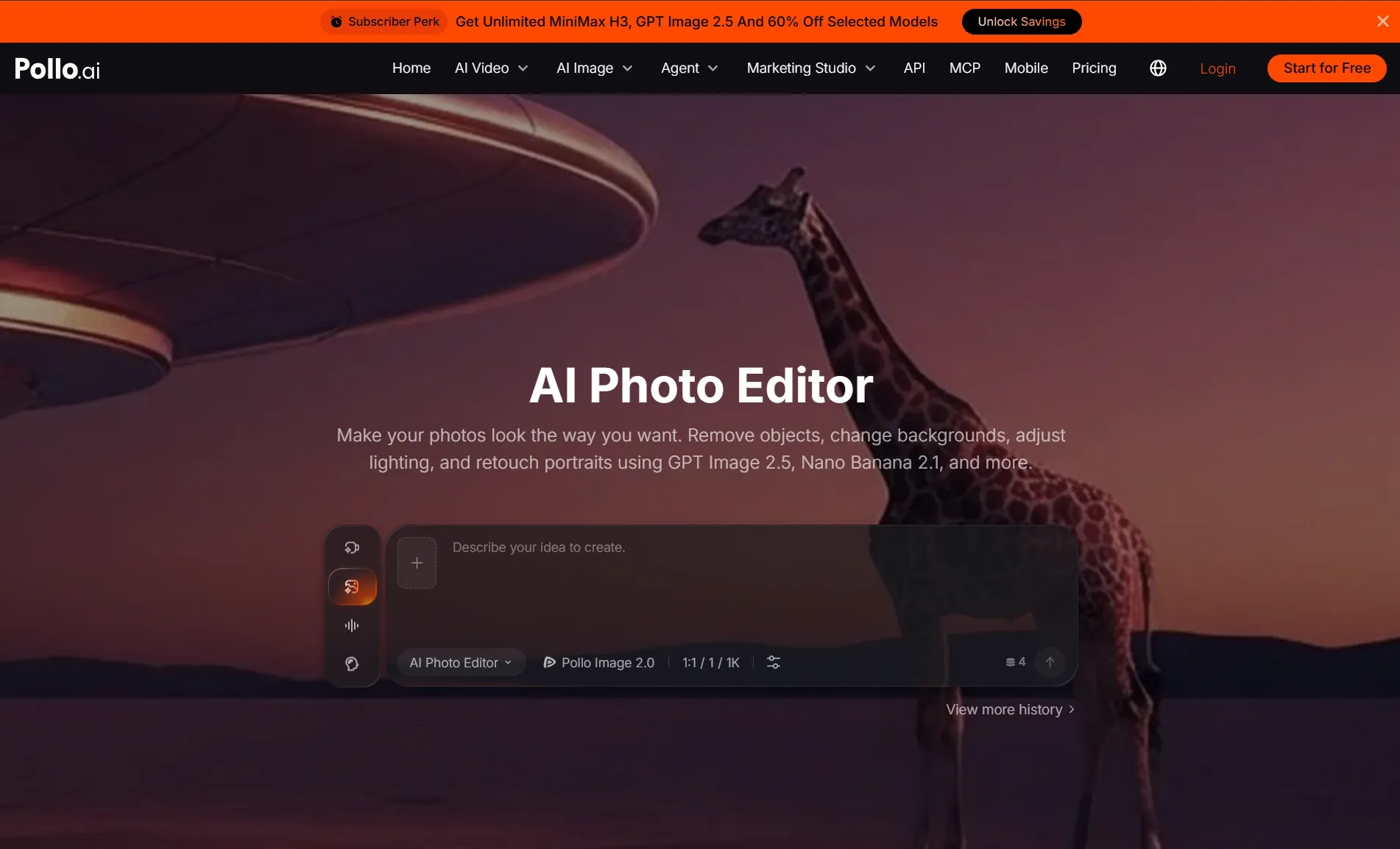 Une girafe se détache sur un fond de coucher de soleil, avec une interface de retouche photo basée sur l'IA.