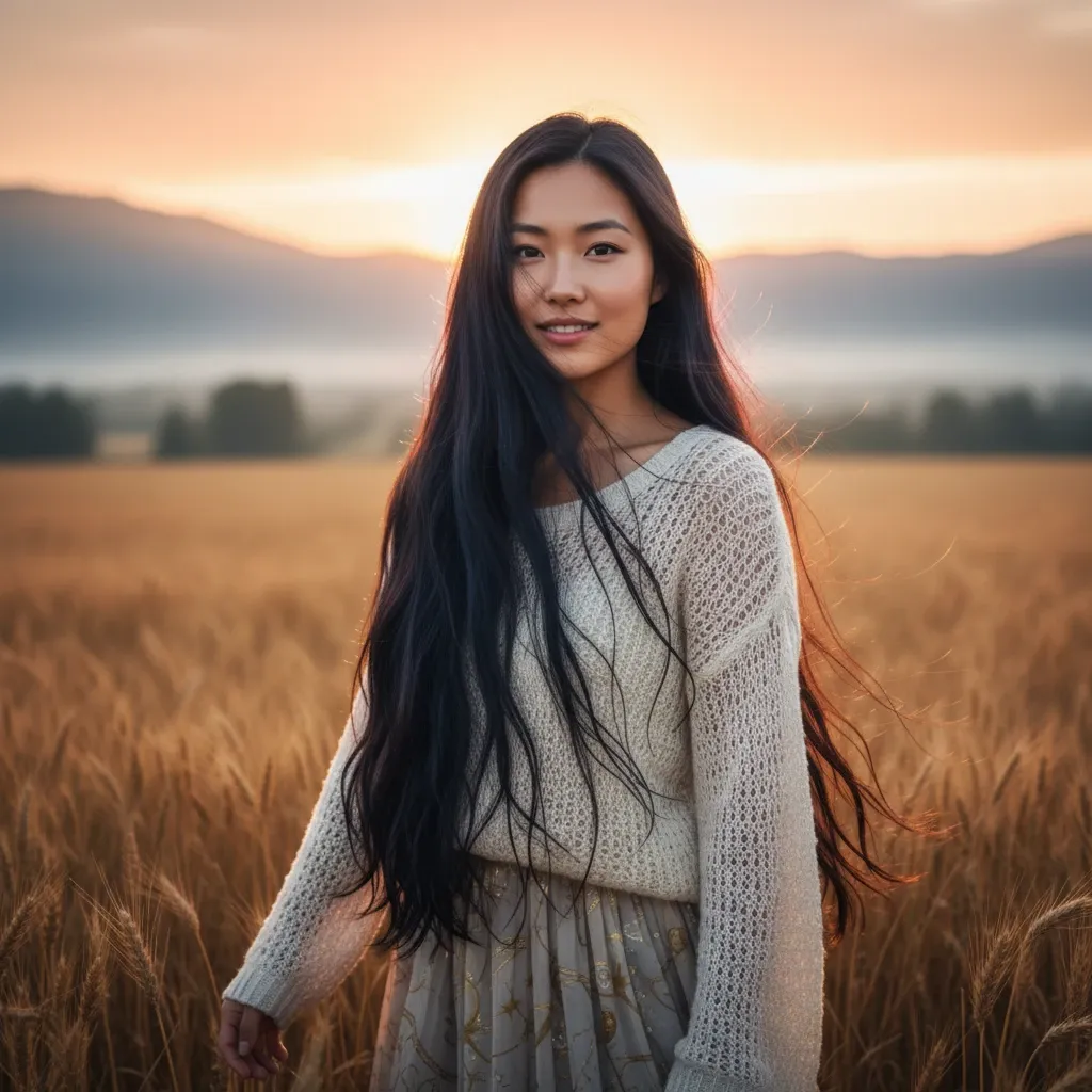 Une femme souriante aux longs cheveux noirs debout dans un champ de blé au coucher du soleil