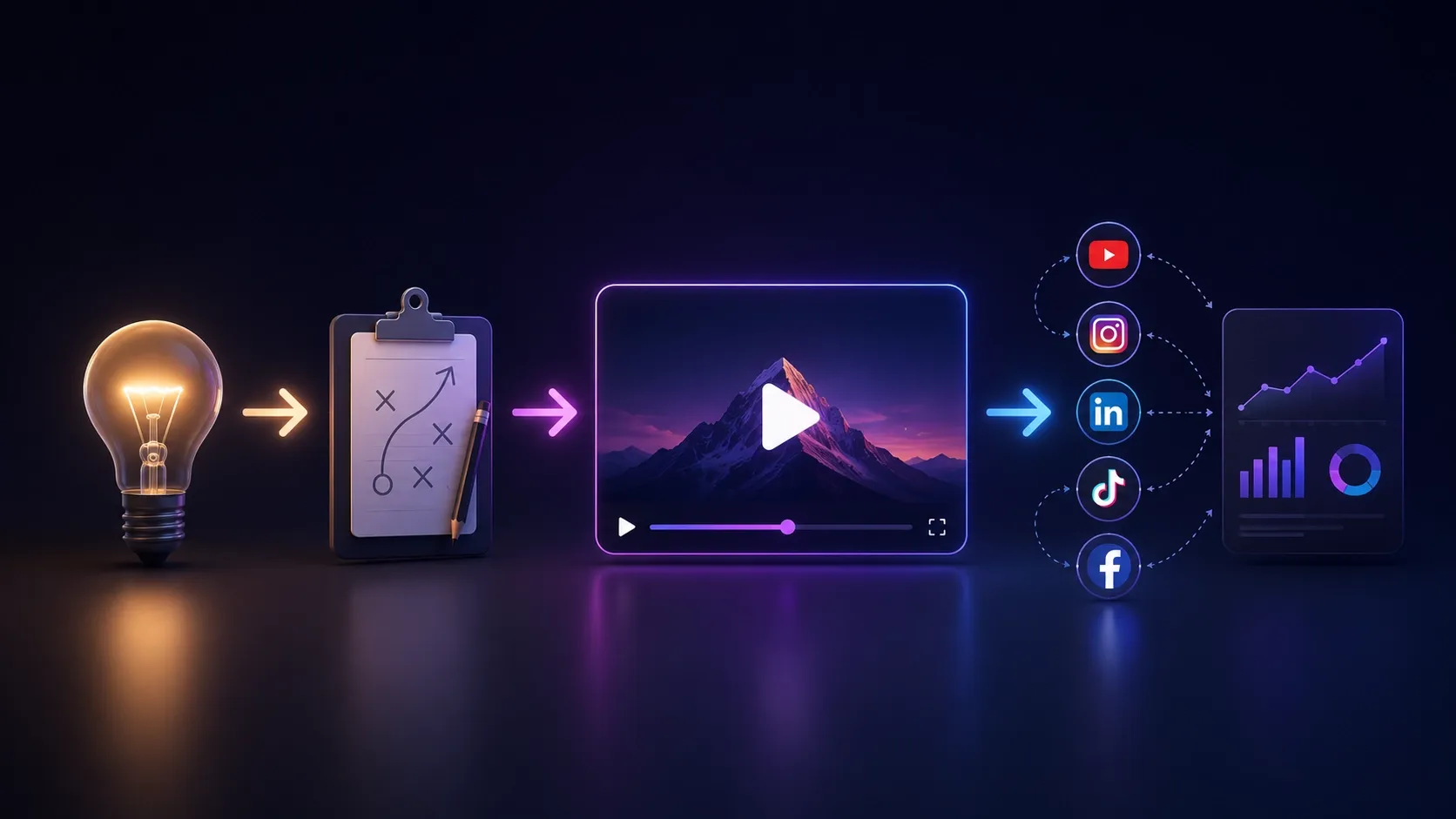 A lightbulb leads to a strategy clipboard, video player, and social media icons.