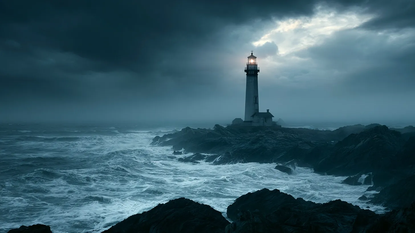 A lighthouse stands on rocky shores under dark, stormy skies.