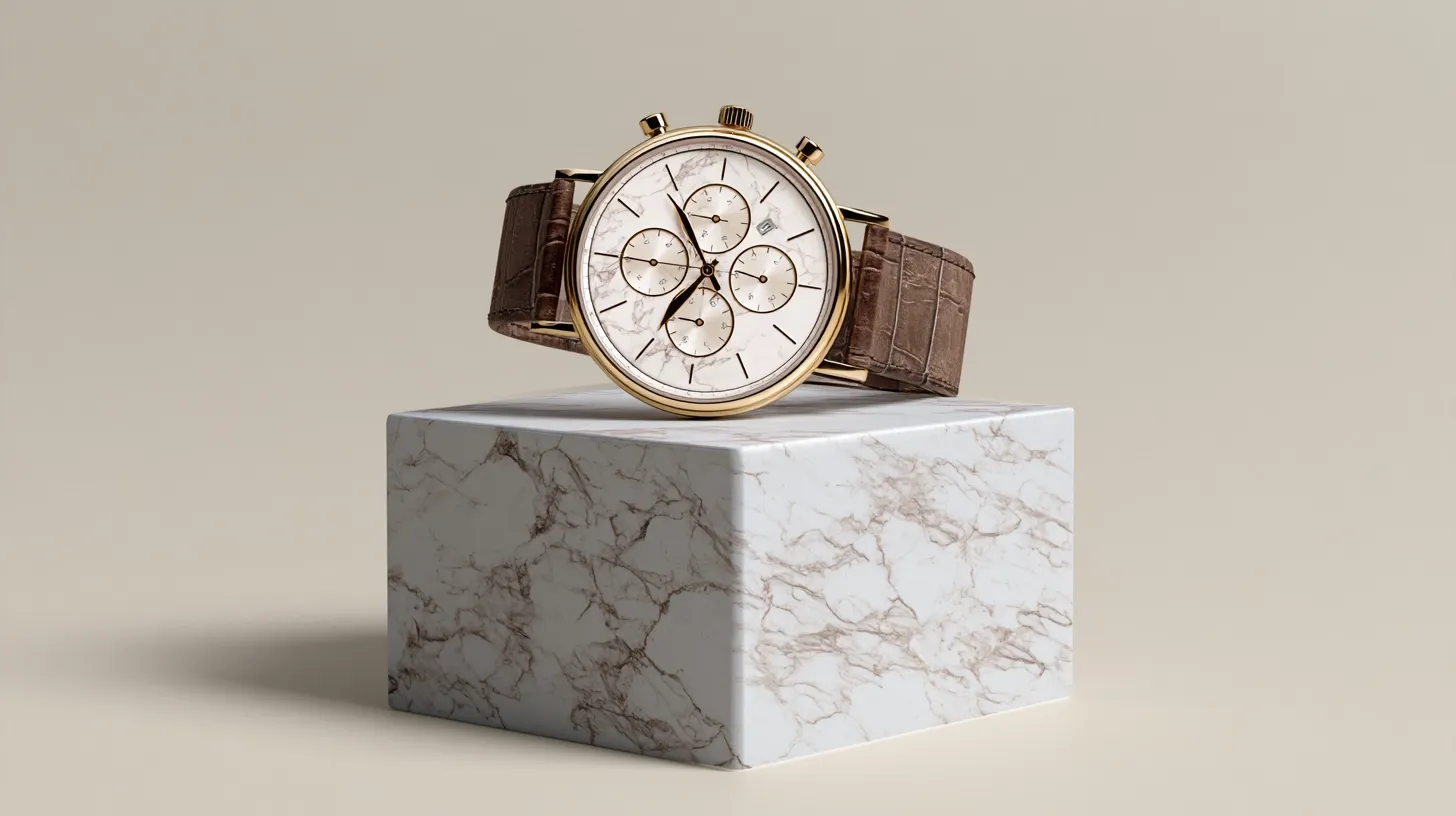 A luxury chronograph watch with a brown leather strap on a marble pedestal.