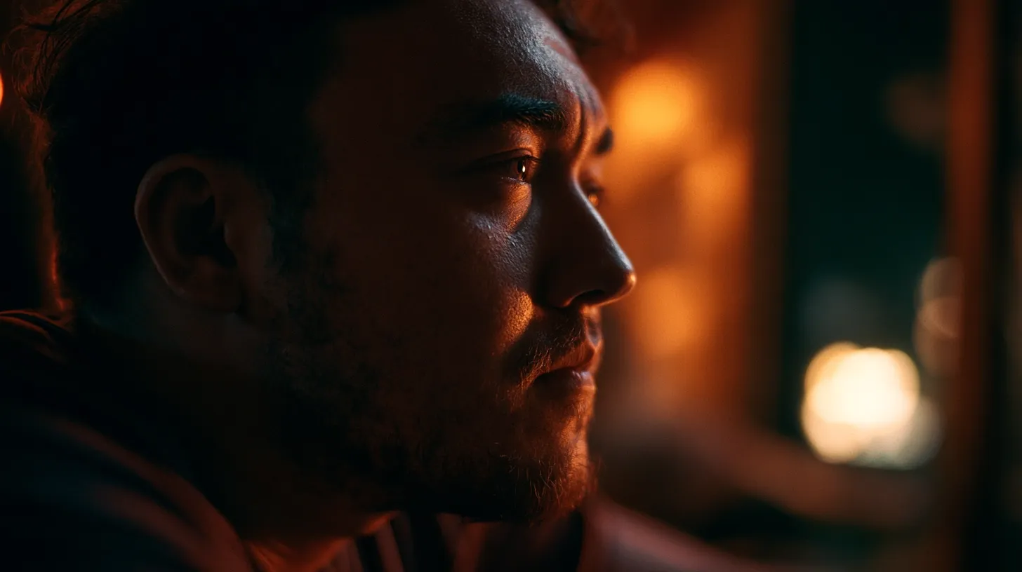 A man in profile illuminated by warm, soft lighting.