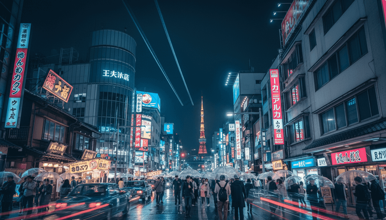 A neon-lit Tokyo street at night