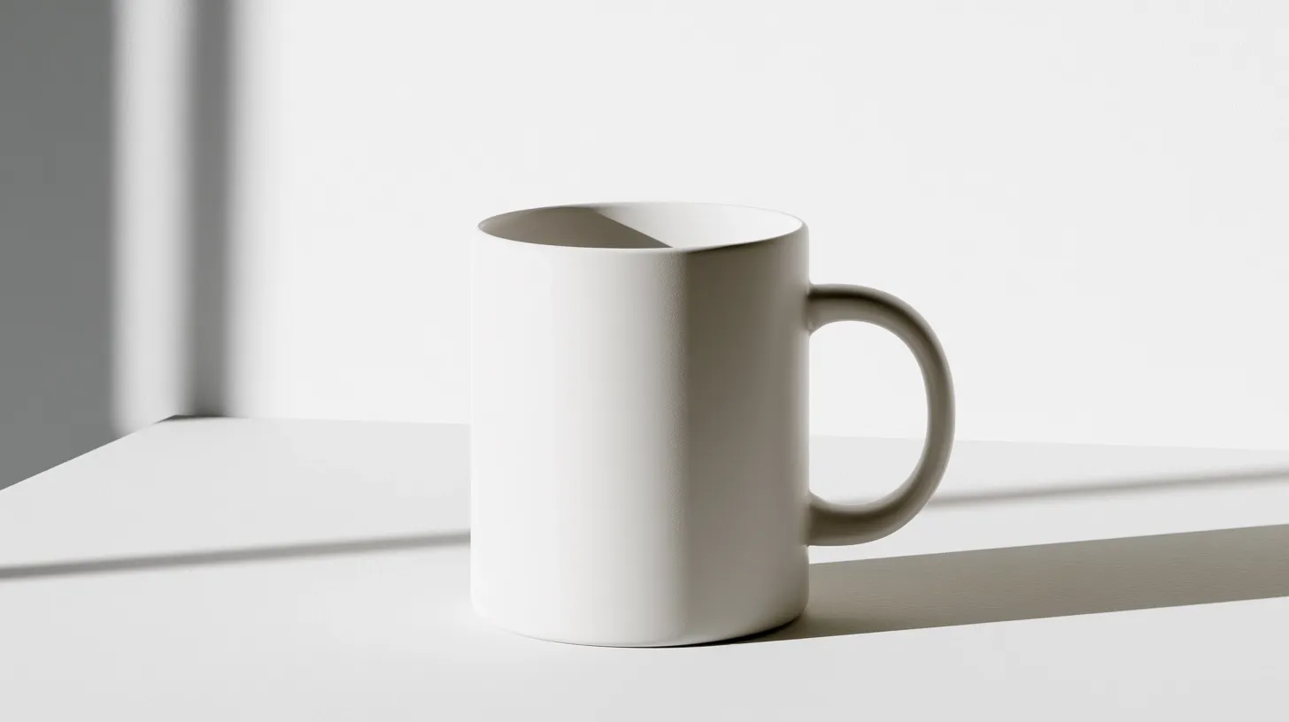A plain white coffee mug sits on a white table with soft shadows.