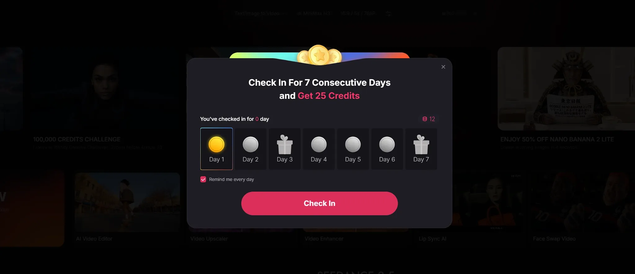 A pop-up for a 7-day check-in challenge offering credits.