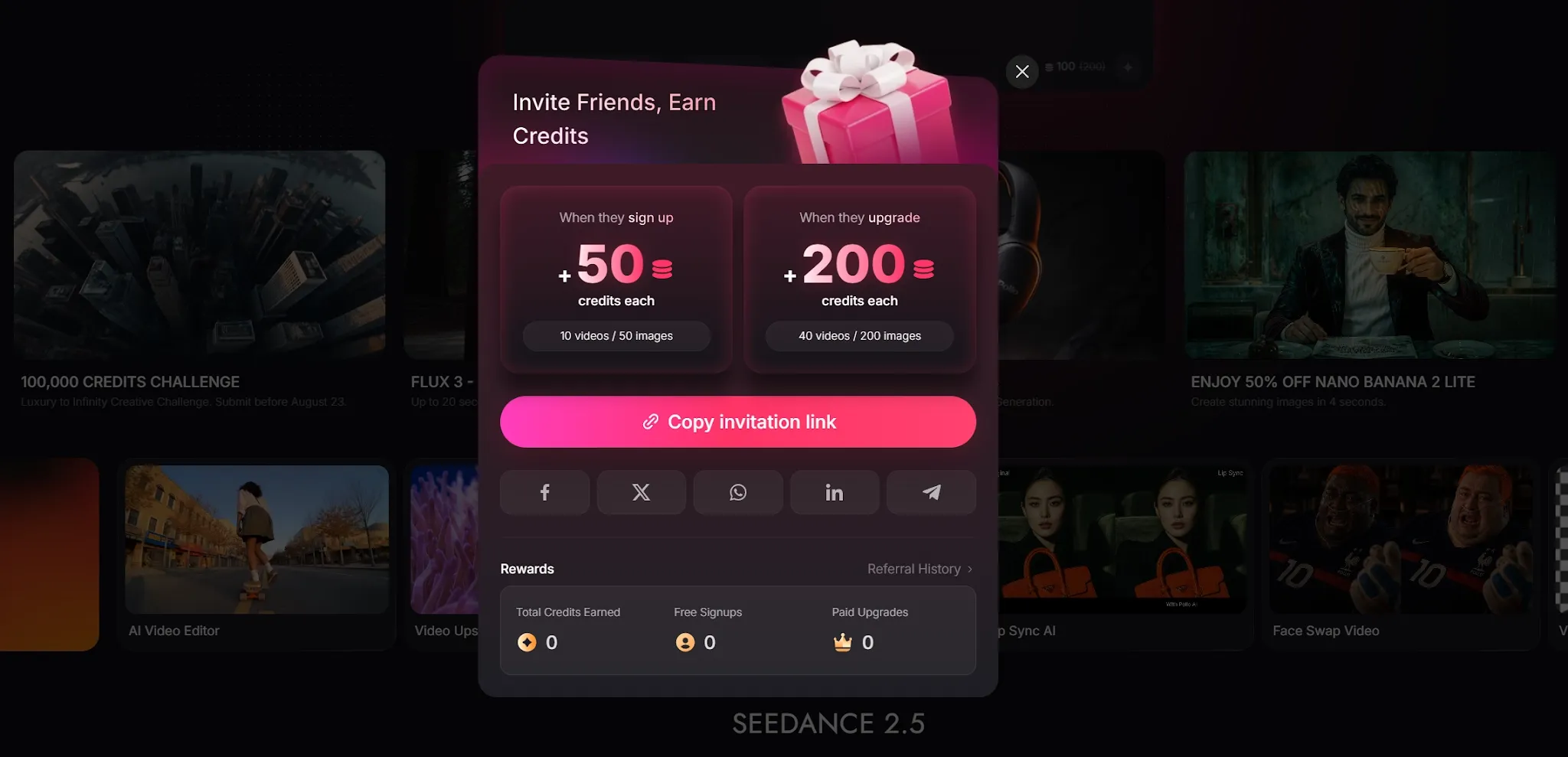A promotional pop-up for inviting friends to earn credits with rewards.