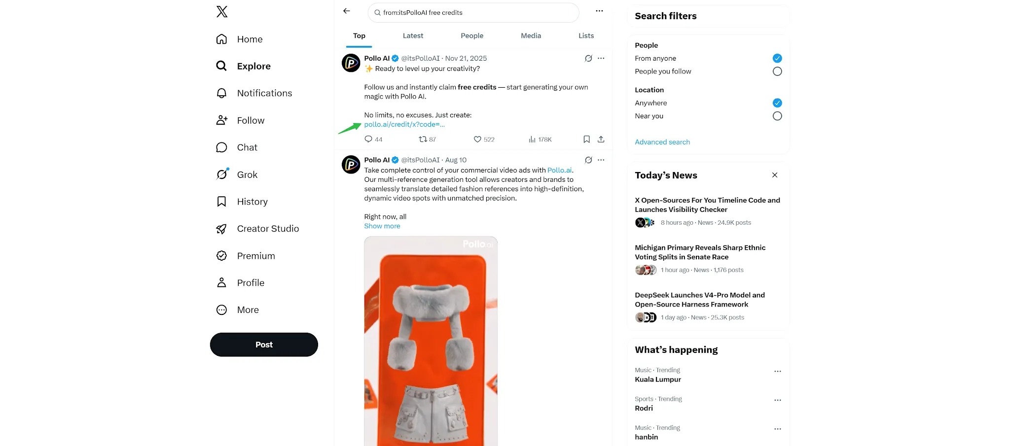 A promotional tweet from Pollo AI featuring a product image and call to action.