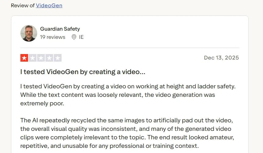 Ulasan tentang VideoGen yang menyoroti kualitas video dan relevansi yang buruk.