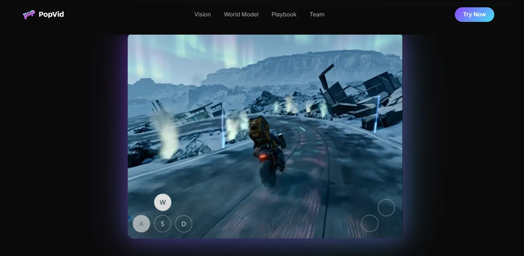 A rider on a motorcycle navigates a snowy road with mountains in the background.