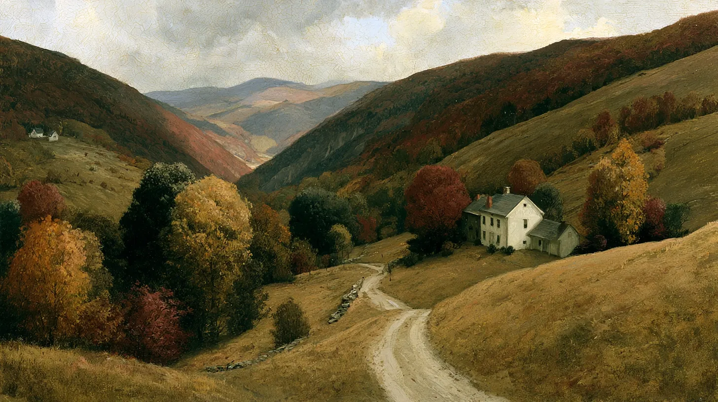 A scenic autumn landscape featuring rolling hills and a house.