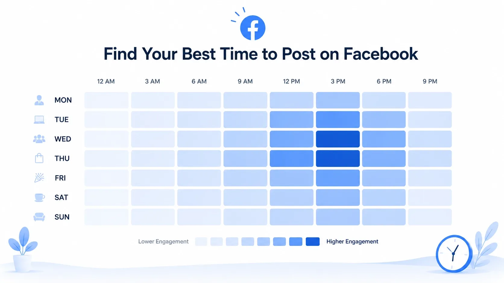 Uma programação mostrando os horários ideais para postar no Facebook em cada dia da semana.