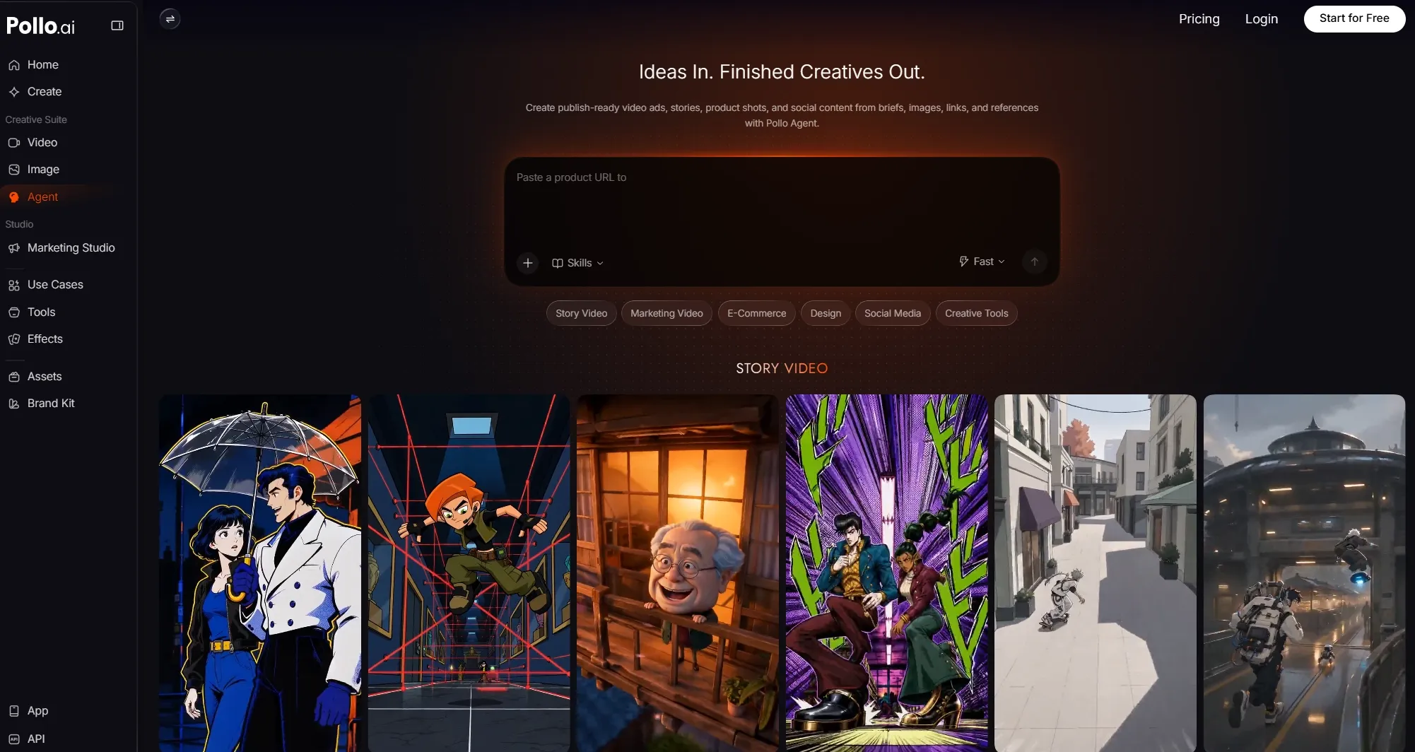 A screenshot of Pollo.ai's creative suite interface with various video and image options.