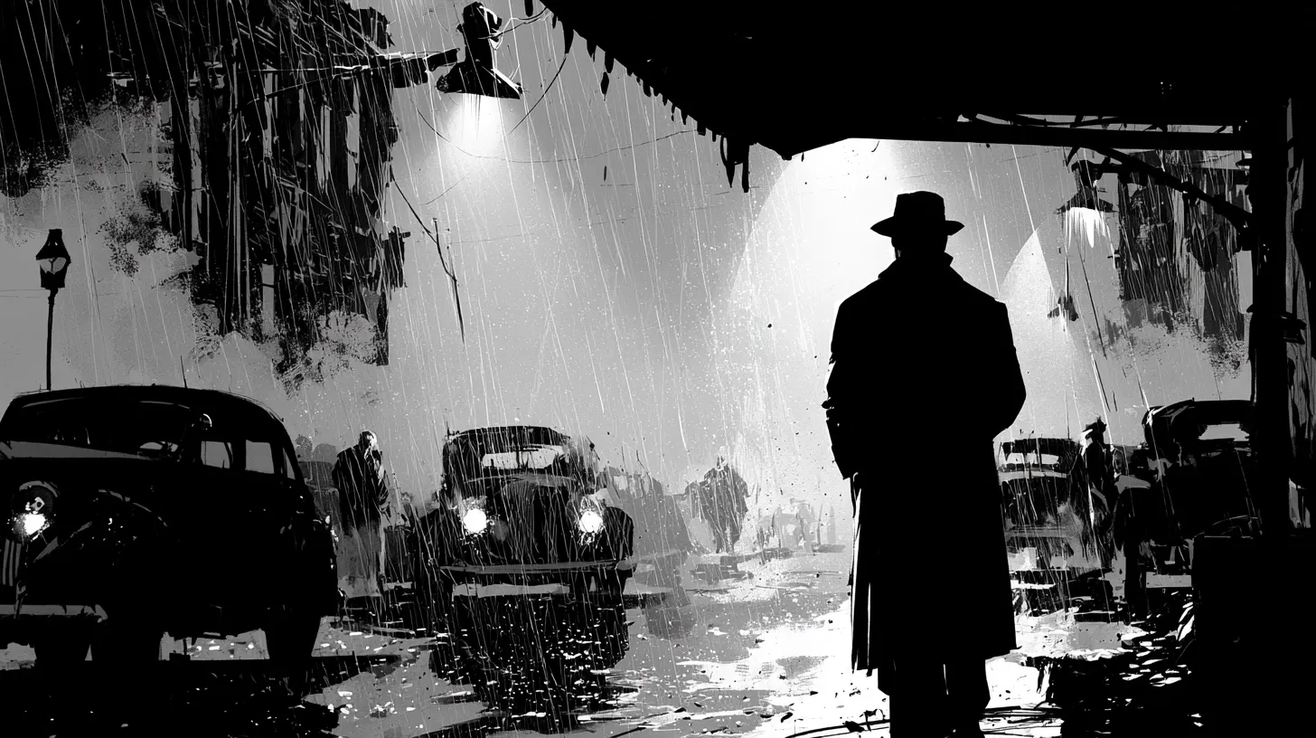 A silhouetted figure in a trench coat stands in the rain on a city street.