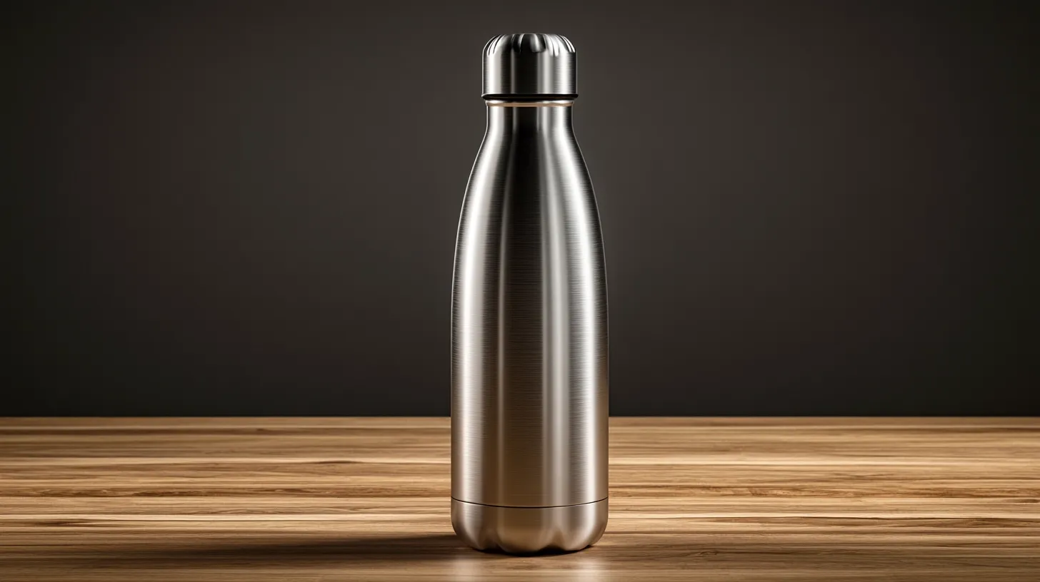 A sleek stainless steel water bottle on a wooden surface.