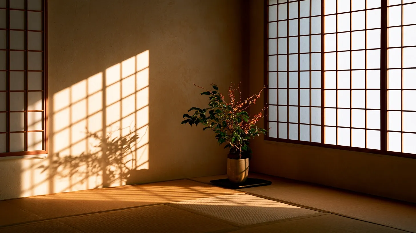 A sunlit room featuring a potted plant and patterned shadows on the floor.