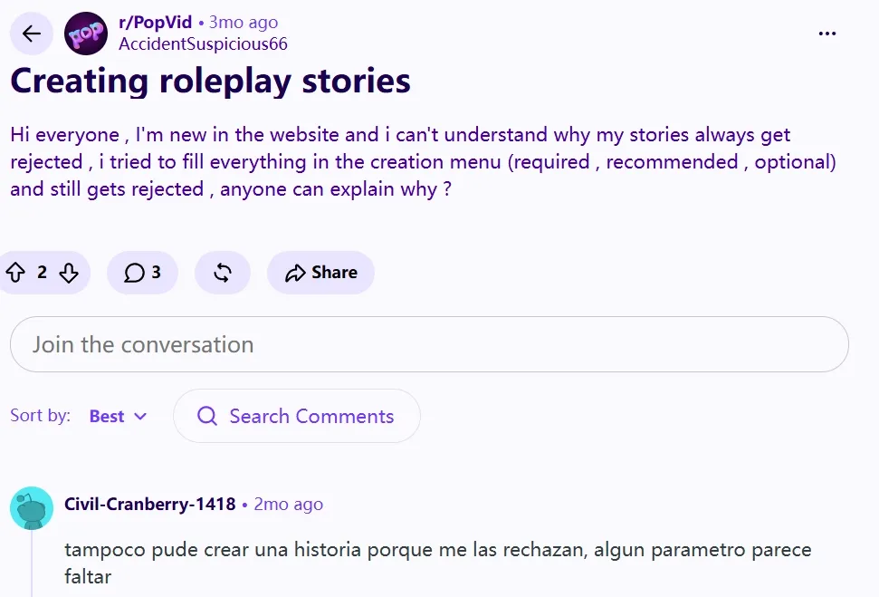 A user asks why their roleplay stories are rejected on a website.