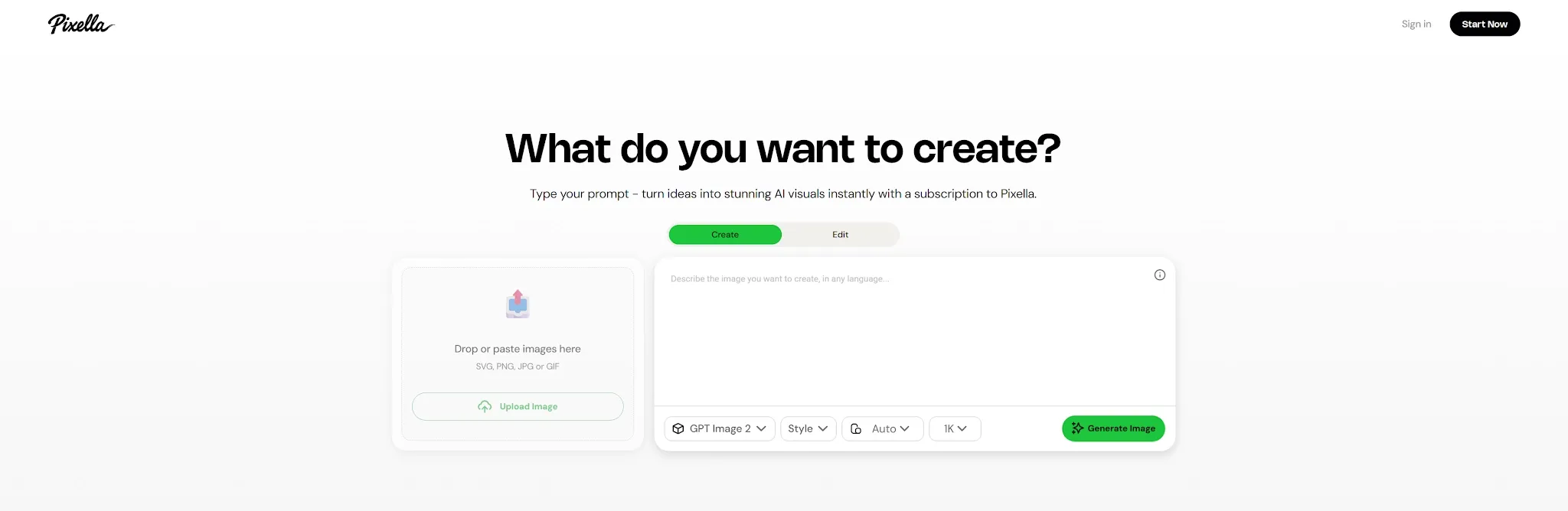 一個用於創建視覺元素的使用者介面，提供上傳圖片和生成提示的選項。
