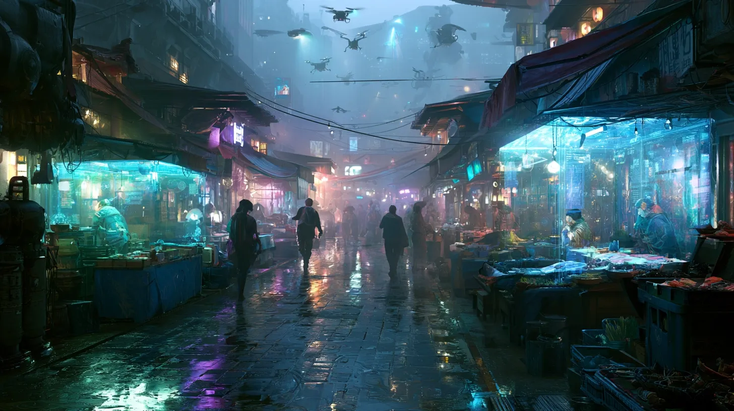 A vibrant, futuristic market street illuminated by colorful lights and drones.