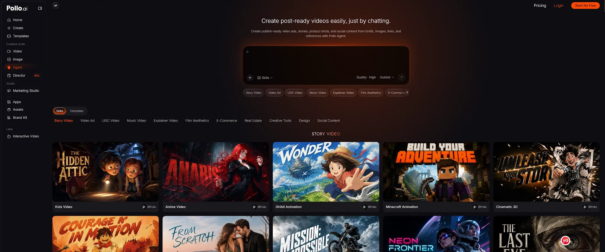 A video creation platform interface showcasing various video categories.