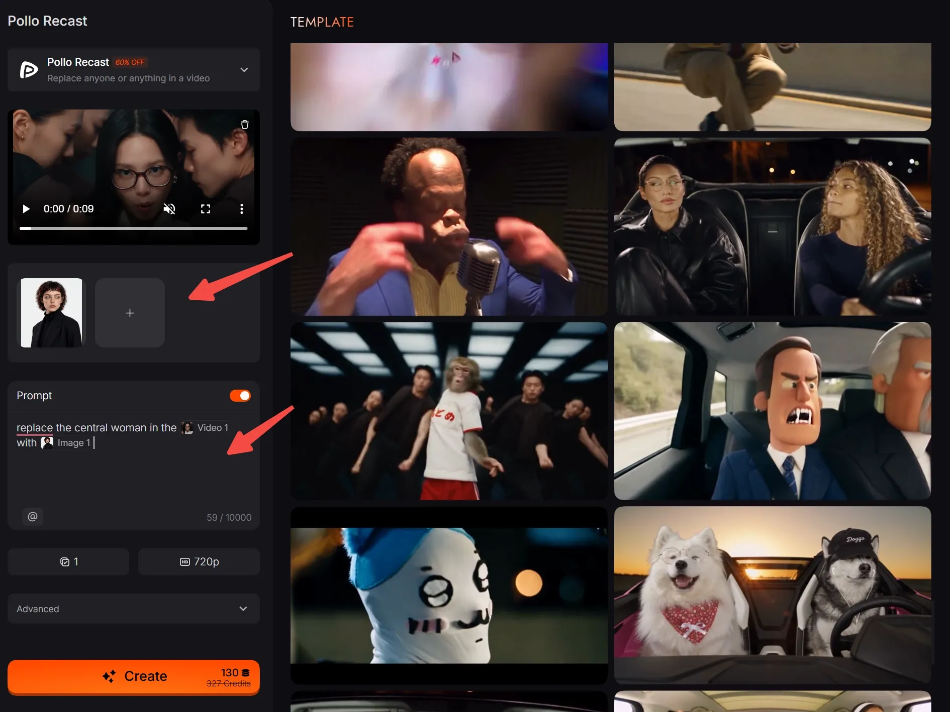 Une interface de montage vidéo avec des prompts et des images de personnages.