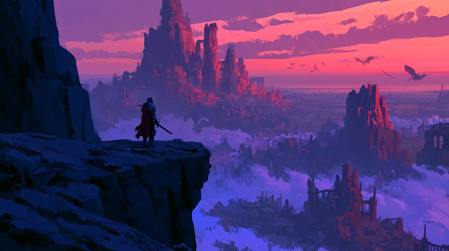 A warrior stands on a cliff overlooking a mystical landscape at sunset.