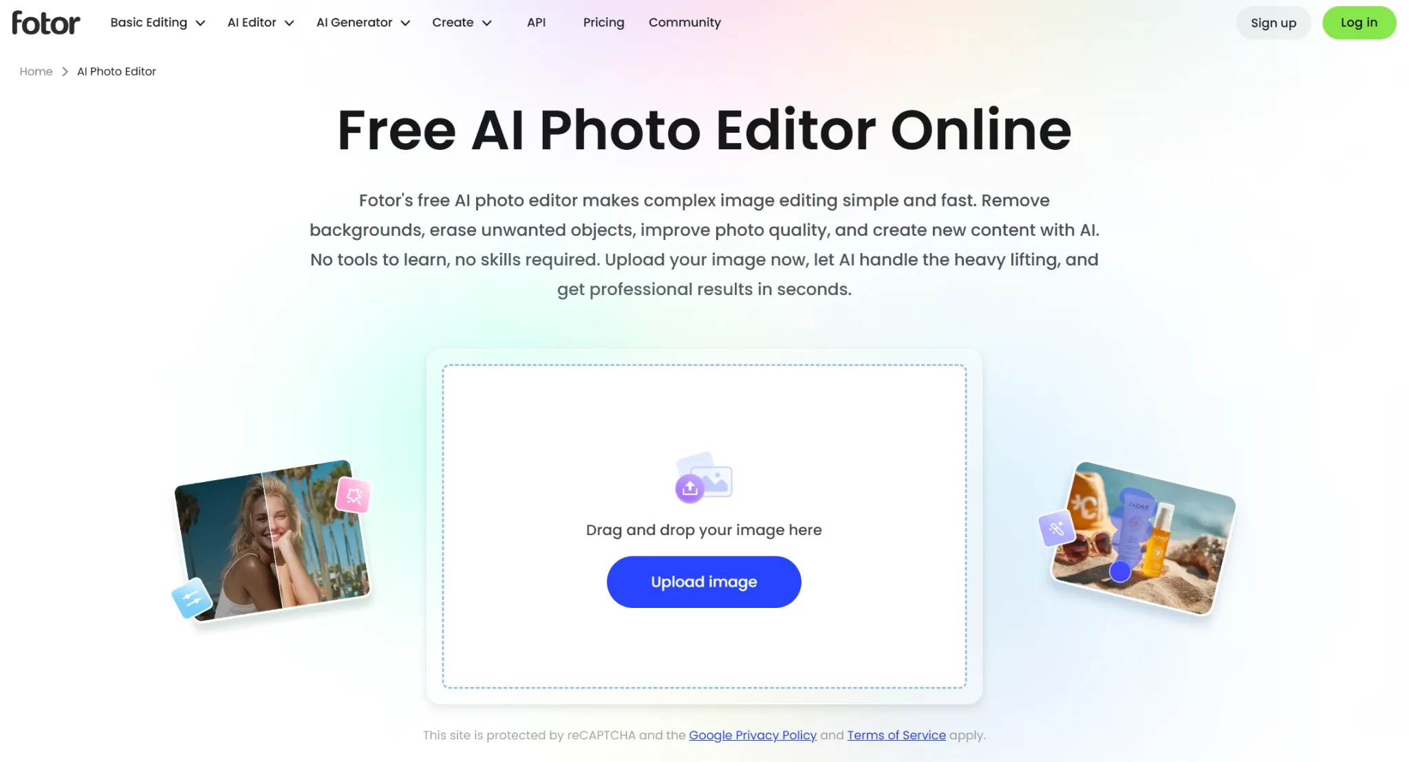 Eine Webseite für einen KI-Fotoeditor mit Upload-Optionen und Bearbeitungsfunktionen.