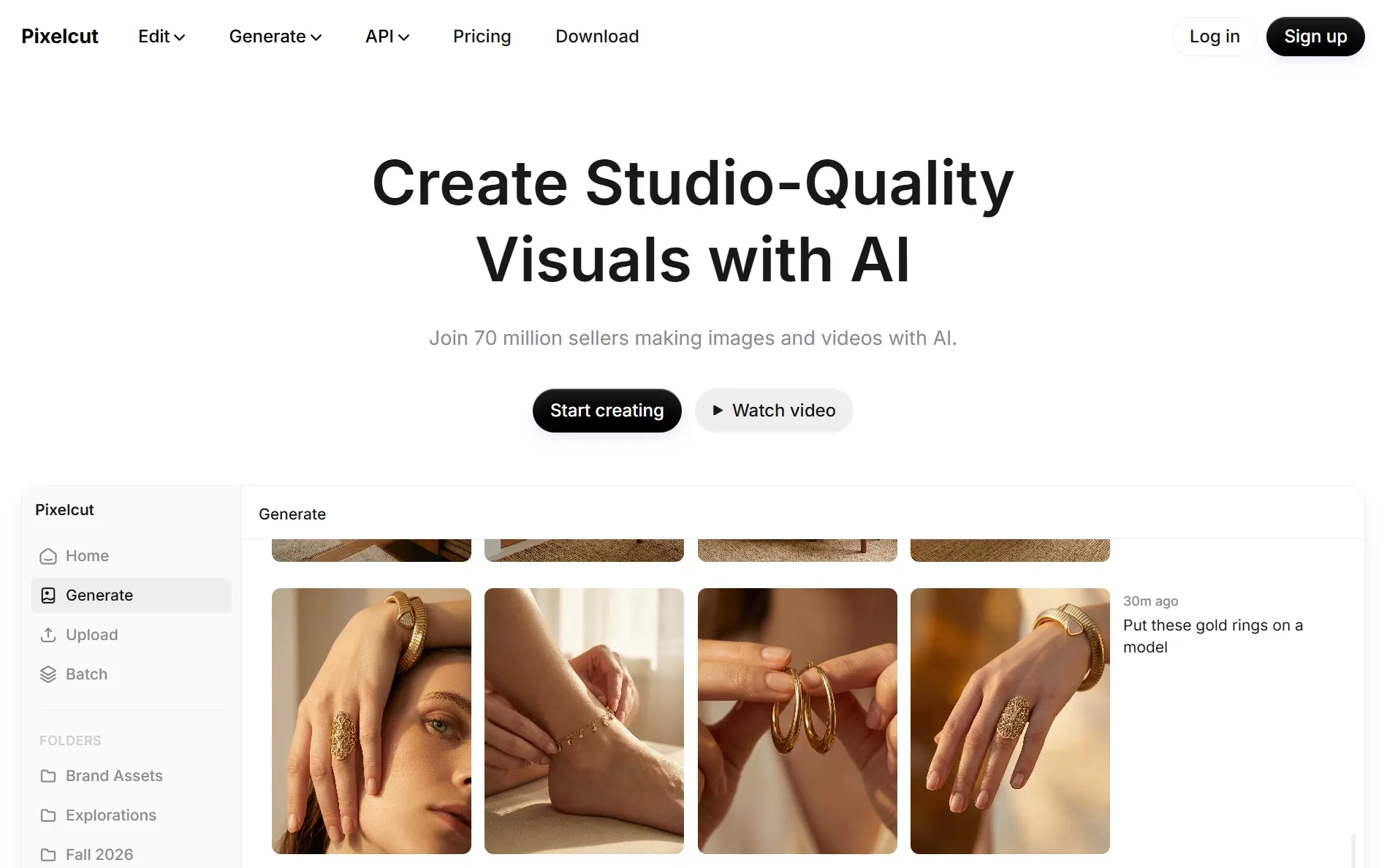 Une page web faisant la promotion d'images et de visuels de bijoux générés par l'IA.