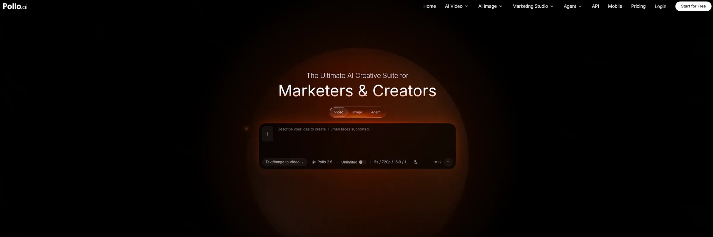 A website interface promoting an AI creative suite for marketers and creators.
