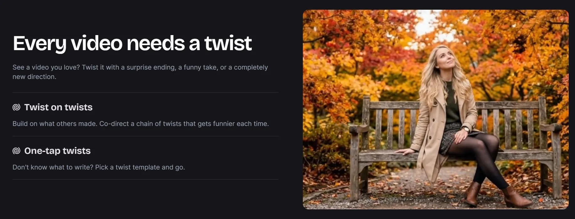 A woman in a coat sits on a bench surrounded by autumn foliage.
